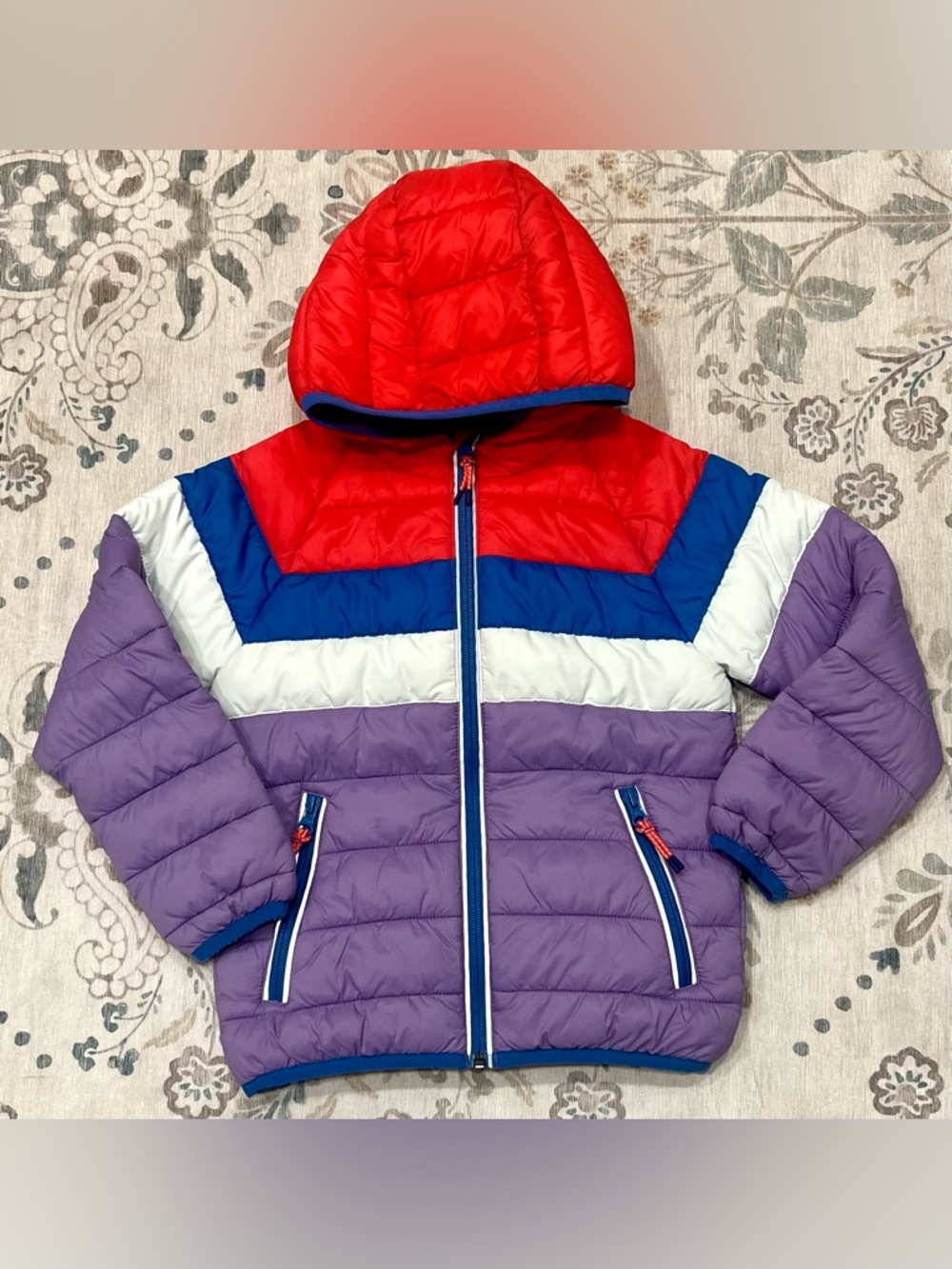 Mini BODEN Packable Down Jacket Color Block Blue Red Purple White Size 5/6